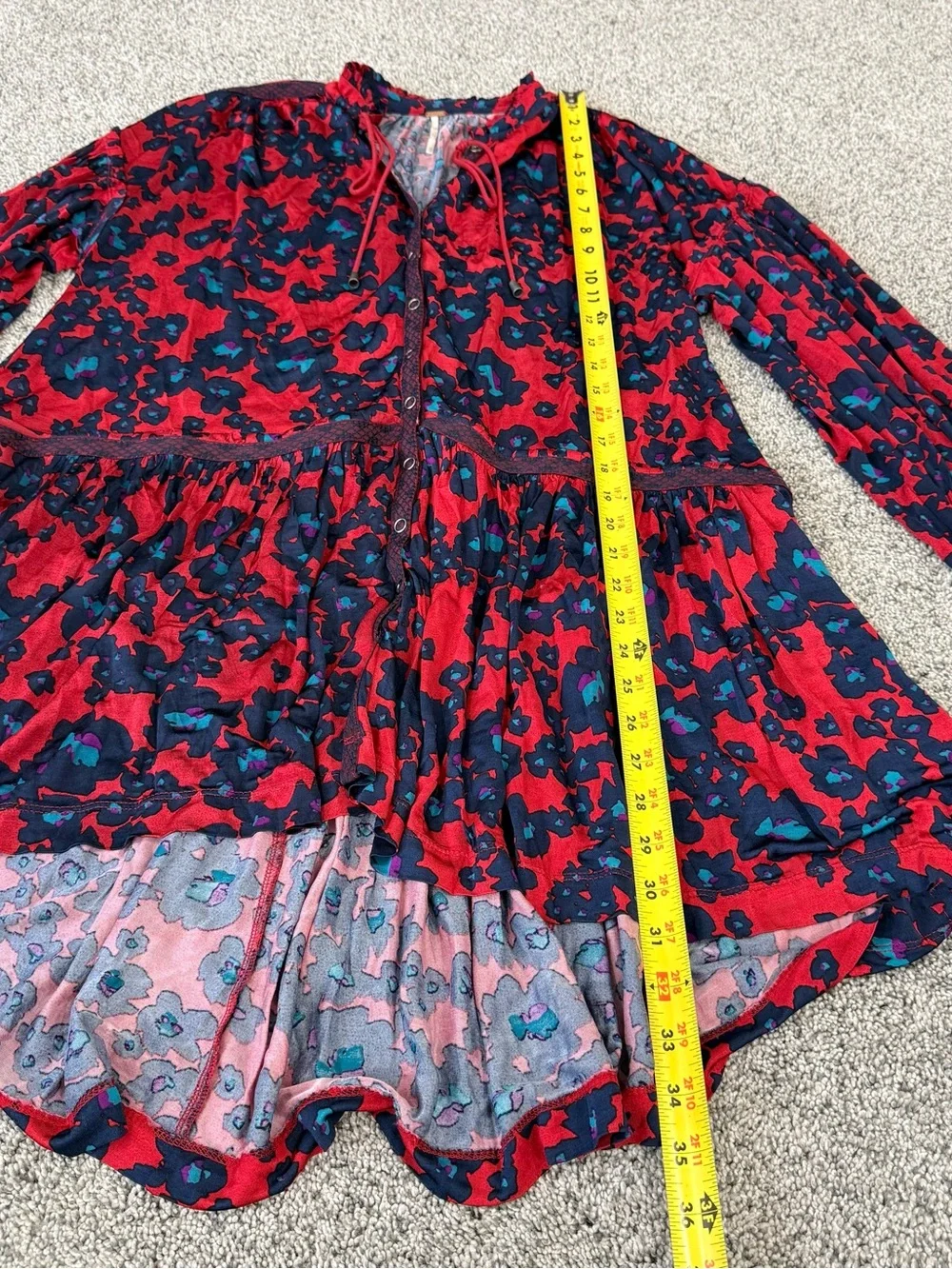 Free People Red Floral Print Button Front Mini Dress Boho Beach Oversize Size XS